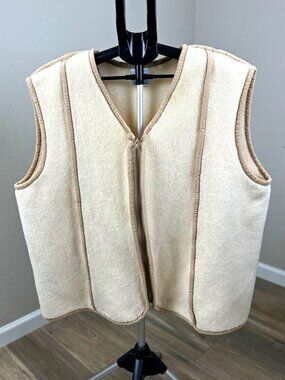 Vintage Woolmark Men’s XXL Ivory Pure New Wool Pile Zip Vest Sherpa